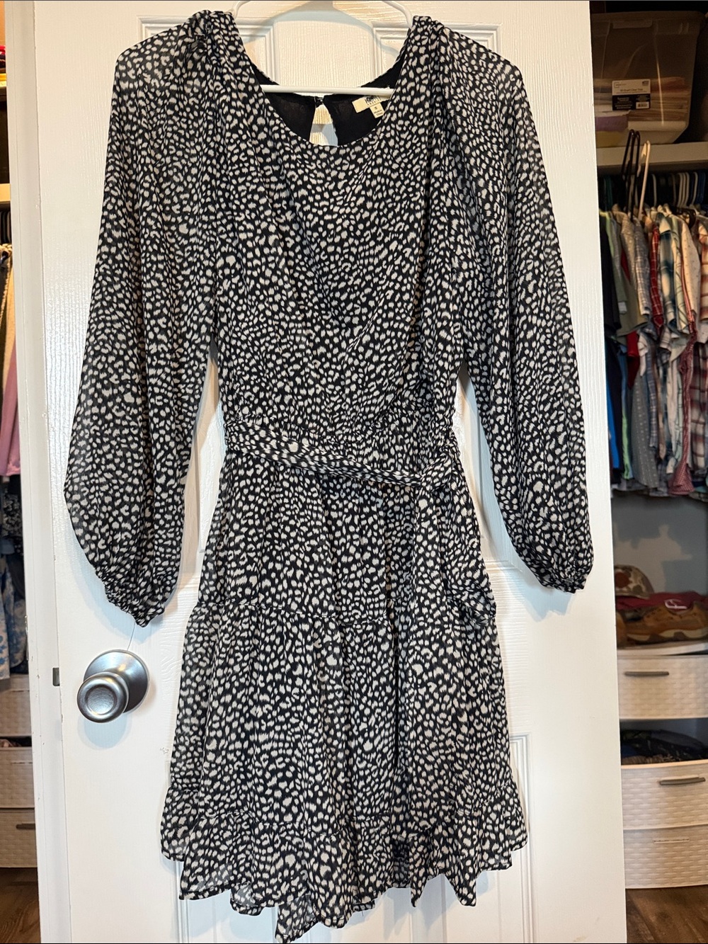 Kori Black and White Printed Long Sleeve Mini Dress
